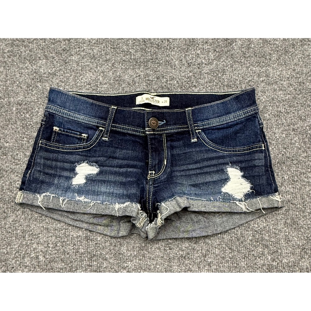Hollister Womens Distressed Low Rise Denim Shorts Dark Wash Blue Size 3 W26